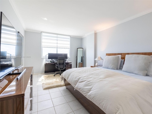 bedroom featuring ornamental molding, multiple windows, and tile patterned floors