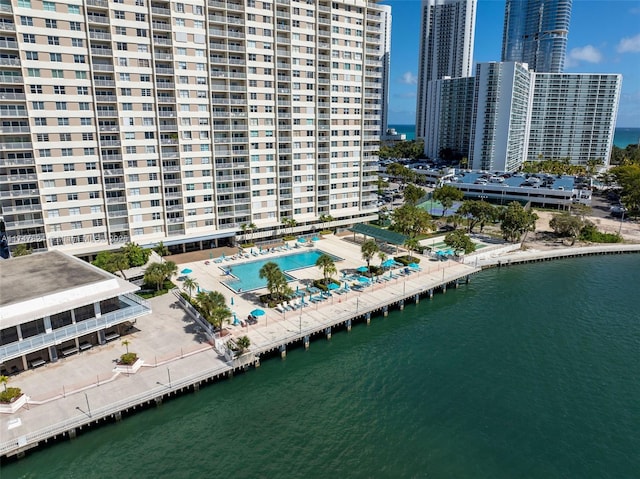 aerial view with a water view and a city view