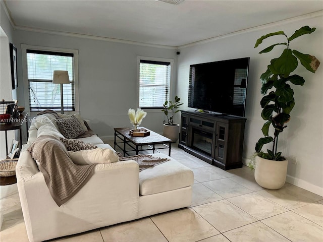 living room featuring light tile patterned flooring and ornamental molding