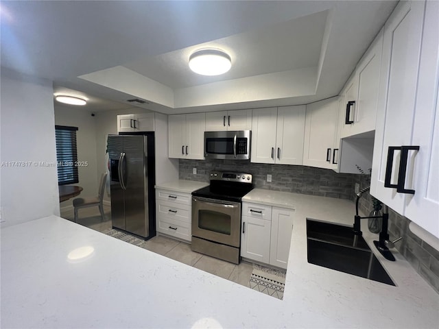 kitchen featuring sink, backsplash, stainless steel appliances, white cabinets, and a raised ceiling