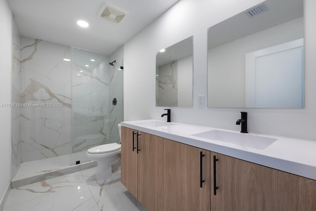 full bath featuring toilet, visible vents, marble finish floor, and a sink