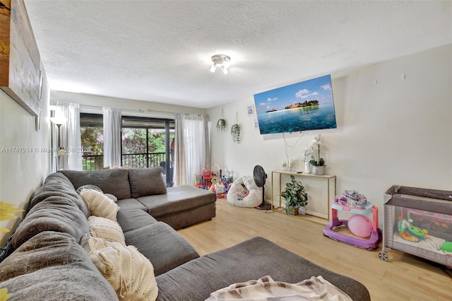 living room with a textured ceiling and hardwood / wood-style flooring