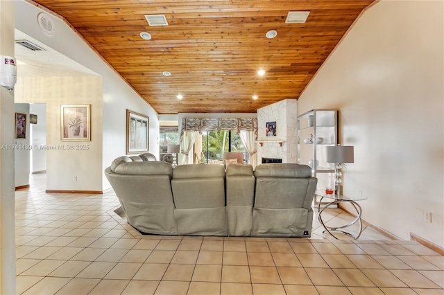 653 NW 110th Ave, Coral Springs, FL 33071 - living room featuring light tile patterned flooring, lofted ceiling, wooden ceiling, and a stone fireplace