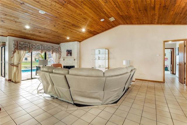 653 NW 110th Ave, Coral Springs, FL 33071 - tiled living room with lofted ceiling, wood ceiling, and a stone fireplace