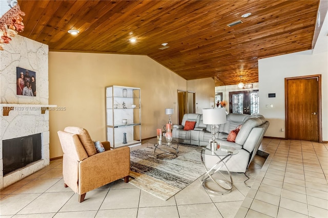 653 NW 110th Ave, Coral Springs, FL 33071 - tiled living room featuring lofted ceiling, a stone fireplace, and wood ceiling