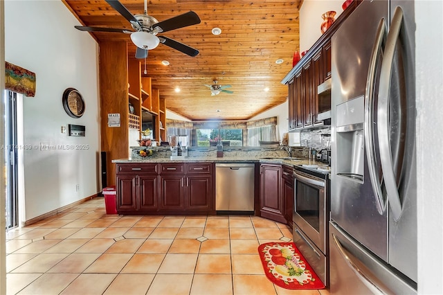 653 NW 110th Ave, Coral Springs, FL 33071 - kitchen featuring kitchen peninsula, stainless steel appliances, light stone countertops, wooden ceiling, and light tile patterned flooring