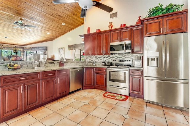 653 NW 110th Ave, Coral Springs, FL 33071 - kitchen with appliances with stainless steel finishes, light tile patterned floors, backsplash, light stone counters, and wood ceiling