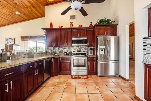 653 NW 110th Ave, Coral Springs, FL 33071 - kitchen with appliances with stainless steel finishes, light tile patterned floors, backsplash, light stone countertops, and wood ceiling