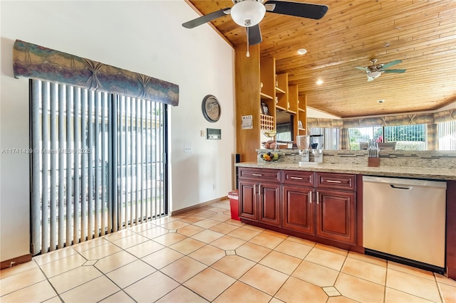 653 NW 110th Ave, Coral Springs, FL 33071 - kitchen with light tile patterned flooring, light stone countertops, wooden ceiling, and stainless steel dishwasher
