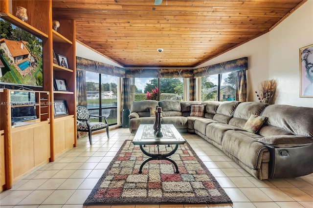 653 NW 110th Ave, Coral Springs, FL 33071 - living room featuring wood ceiling, vaulted ceiling, and light tile patterned floors