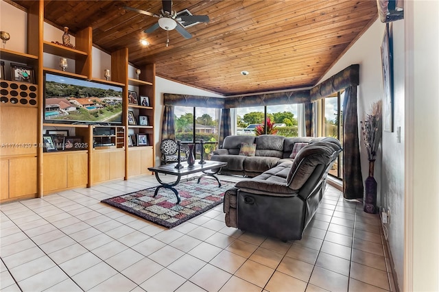 653 NW 110th Ave, Coral Springs, FL 33071 - living room with lofted ceiling, light tile patterned flooring, built in shelves, and wooden ceiling