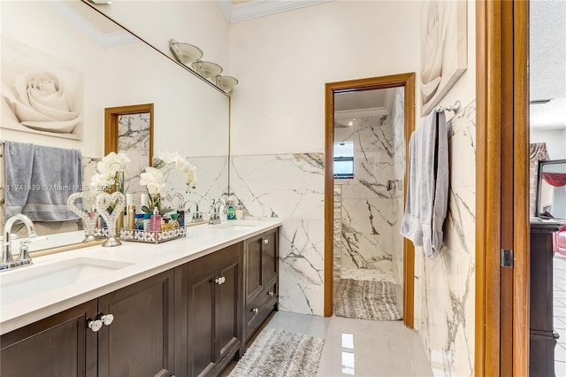 653 NW 110th Ave, Coral Springs, FL 33071 - bathroom with crown molding, tile walls, vanity, and walk in shower