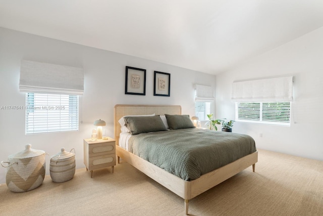 bedroom with carpet and lofted ceiling