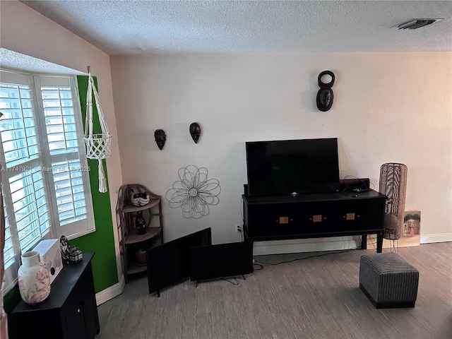 living room with wood-type flooring and a textured ceiling