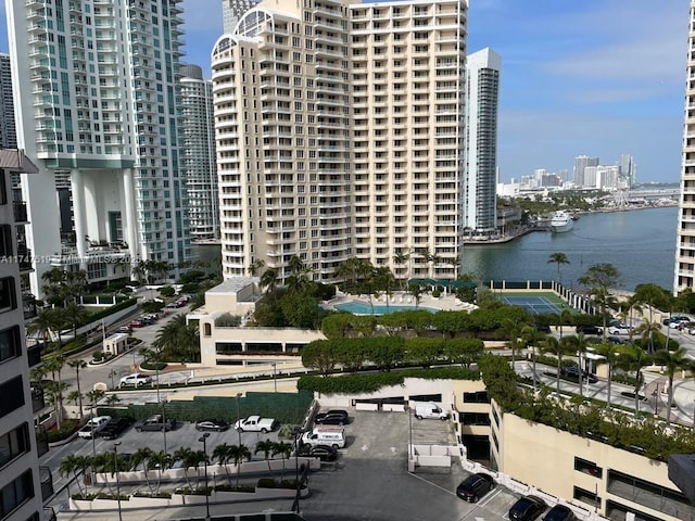 view of building exterior with a water view