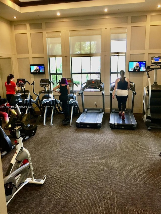 exercise room with carpet flooring