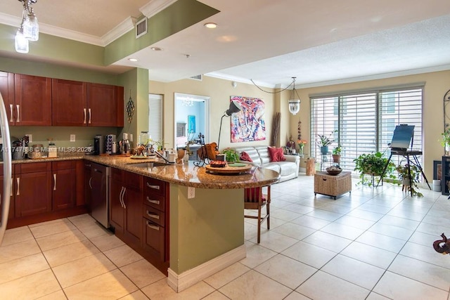 7270 SW 88th St Unit B308, Miami, FL 33156 - kitchen with ornamental molding, stainless steel dishwasher, a peninsula, light tile patterned floors, and a breakfast bar area