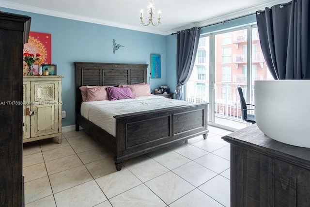 7270 SW 88th St Unit B308, Miami, FL 33156 - bedroom with access to exterior, ornamental molding, light tile patterned floors, and a chandelier