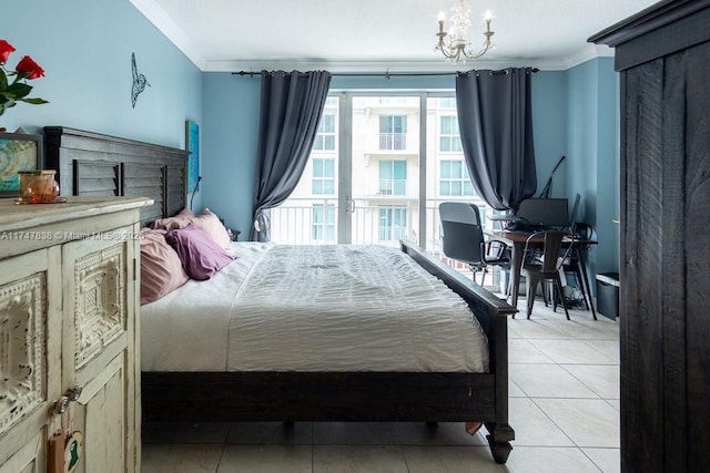 7270 SW 88th St Unit B308, Miami, FL 33156 - bedroom with crown molding, light tile patterned flooring, and a chandelier