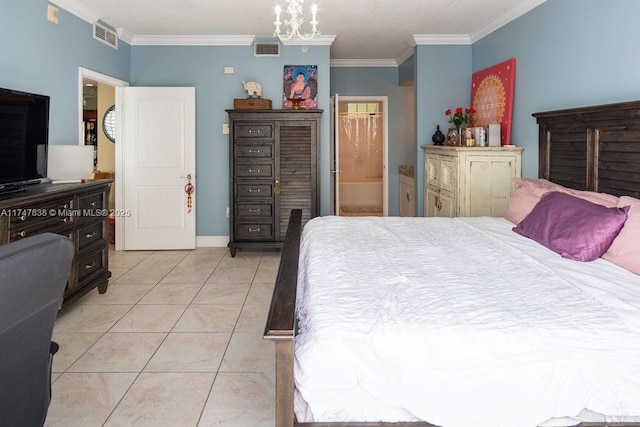 7270 SW 88th St Unit B308, Miami, FL 33156 - bedroom with crown molding, a chandelier, light tile patterned floors, ensuite bath, and baseboards