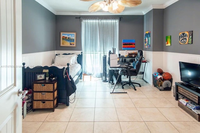 7270 SW 88th St Unit B308, Miami, FL 33156 - bedroom with a wainscoted wall, crown molding, tile patterned flooring, and a ceiling fan