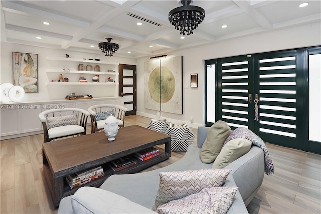 1301 Adams St, Hollywood, FL 33019 - living room featuring beamed ceiling, a chandelier, and coffered ceiling