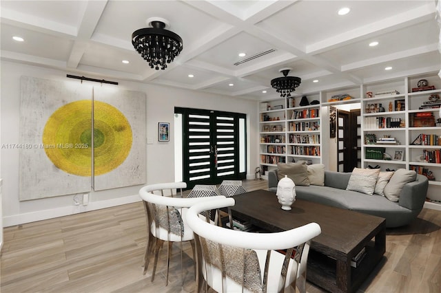 1301 Adams St, Hollywood, FL 33019 - living area with light wood-type flooring, coffered ceiling, beamed ceiling, and built in features