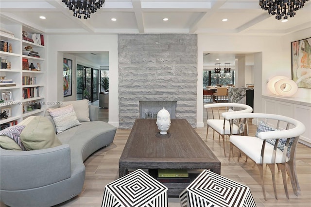 1301 Adams St, Hollywood, FL 33019 - living room featuring coffered ceiling, an inviting chandelier, beamed ceiling, and a fireplace