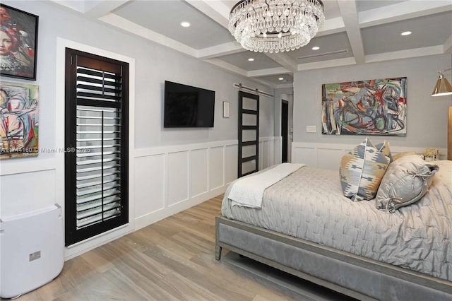 1301 Adams St, Hollywood, FL 33019 - bedroom featuring beam ceiling, light hardwood / wood-style floors, coffered ceiling, a barn door, and an inviting chandelier