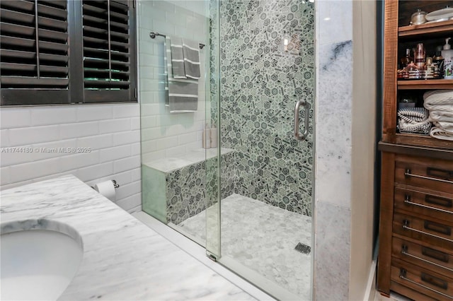 1301 Adams St, Hollywood, FL 33019 - bathroom featuring tile walls, an enclosed shower, and vanity