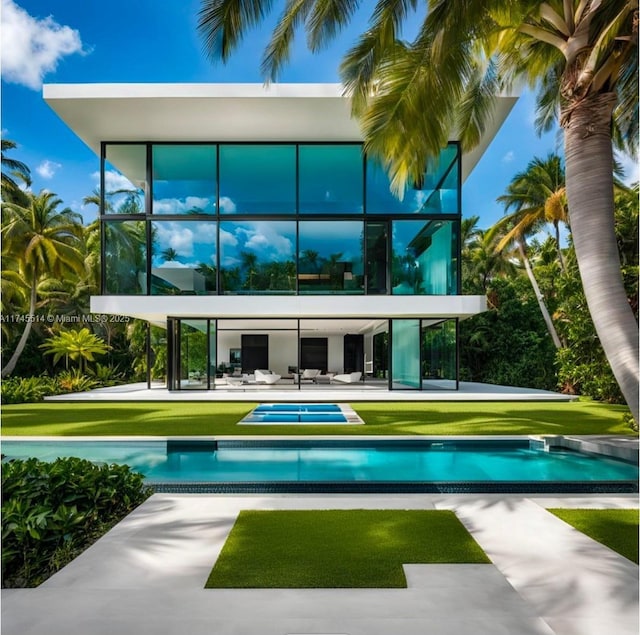 back of house featuring a lawn, a patio area, and an outdoor pool