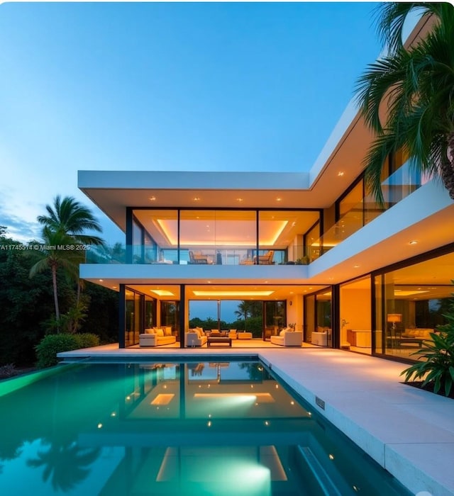 back of property at dusk featuring a balcony, a patio area, an outdoor pool, and an outdoor hangout area