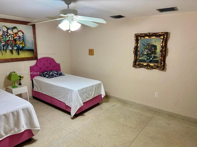 bedroom with ceiling fan, visible vents, and baseboards