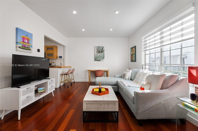 living room featuring sink and dark hardwood / wood-style floors