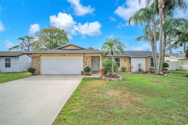 ranch-style home with a garage, concrete driveway, stone siding, a front lawn, and stucco siding