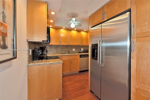 kitchen featuring sink, tasteful backsplash, light stone counters, dark wood-type flooring, and appliances with stainless steel finishes