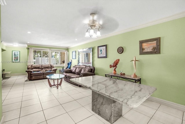 living area with ornamental molding, light tile patterned flooring, baseboards, and a ceiling fan