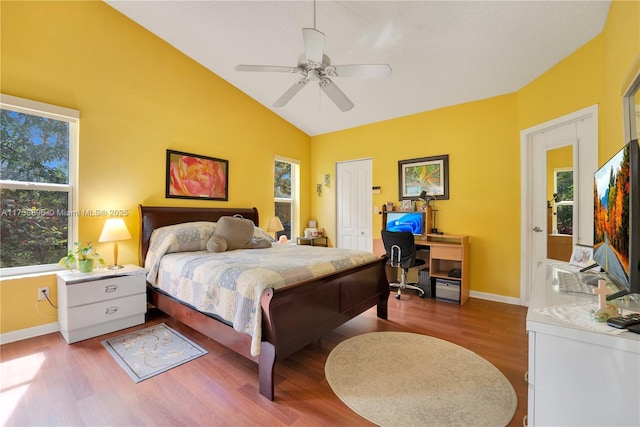 bedroom with hardwood / wood-style floors, lofted ceiling, ceiling fan, and a closet