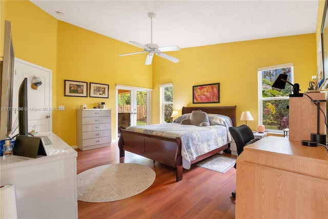 bedroom with french doors, hardwood / wood-style flooring, access to outside, radiator heating unit, and high vaulted ceiling