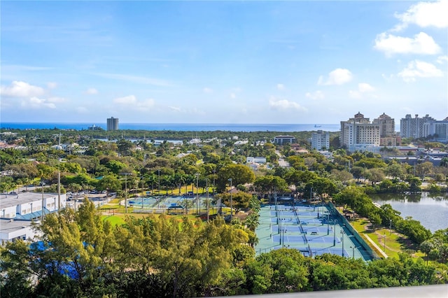 drone / aerial view featuring a water view