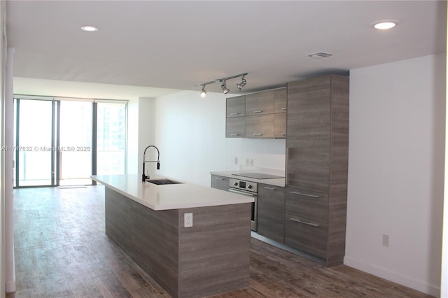 kitchen with a center island with sink, oven, sink, and dark hardwood / wood-style floors