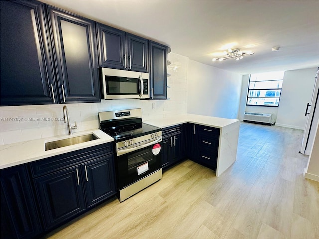 kitchen with light wood finished floors, appliances with stainless steel finishes, light countertops, and a sink