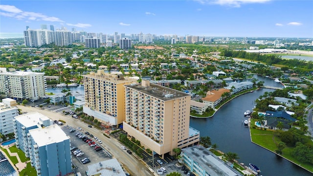 aerial view featuring a water view and a city view