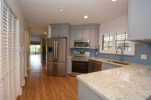 8639 Eagle Run Dr Unit 11, Boca Raton, FL 33434 - kitchen with appliances with stainless steel finishes, gray cabinets, a sink, light wood-type flooring, and backsplash