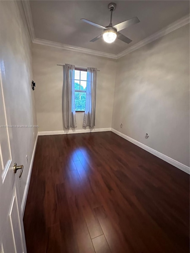 unfurnished room with ceiling fan, crown molding, and dark hardwood / wood-style flooring