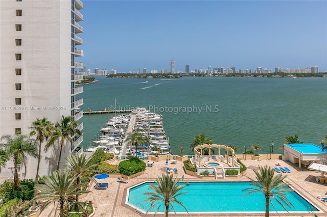 view of pool with a water view