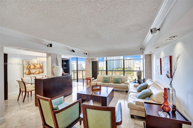 living room featuring a textured ceiling, baseboards, and crown molding