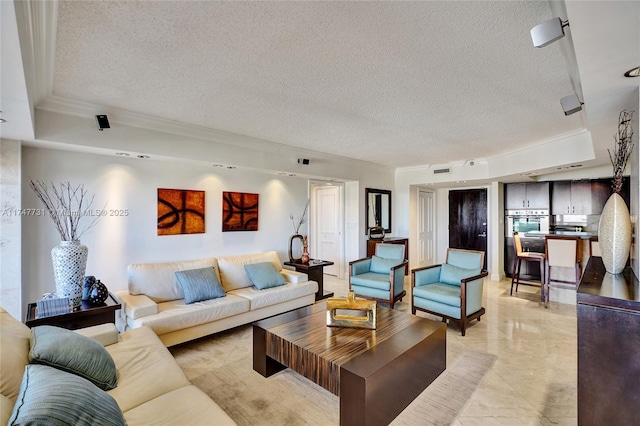 living room with crown molding, a raised ceiling, a textured ceiling, and visible vents
