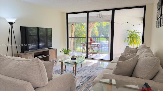 living area featuring a textured ceiling and expansive windows