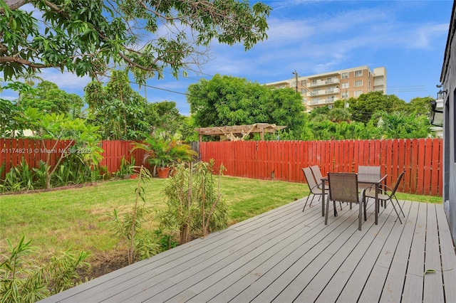 wooden deck featuring a lawn